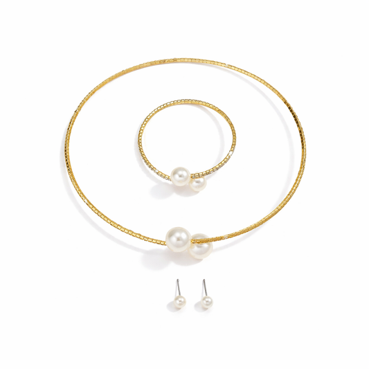 Set colier choker, bratara si cercei, auriu, cu perle si pietre, David C15
