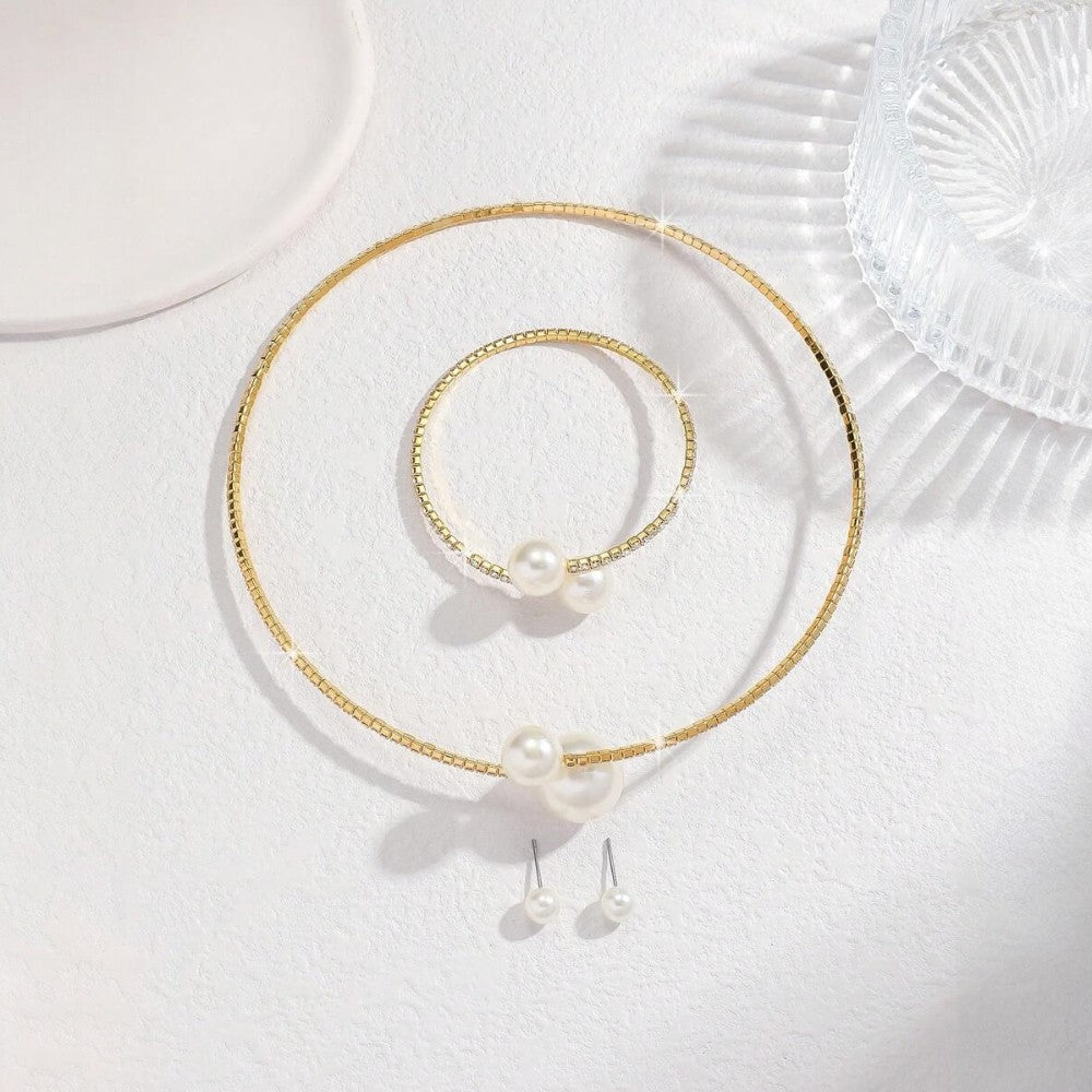 Set colier choker, bratara si cercei, auriu, cu perle si pietre, David C15