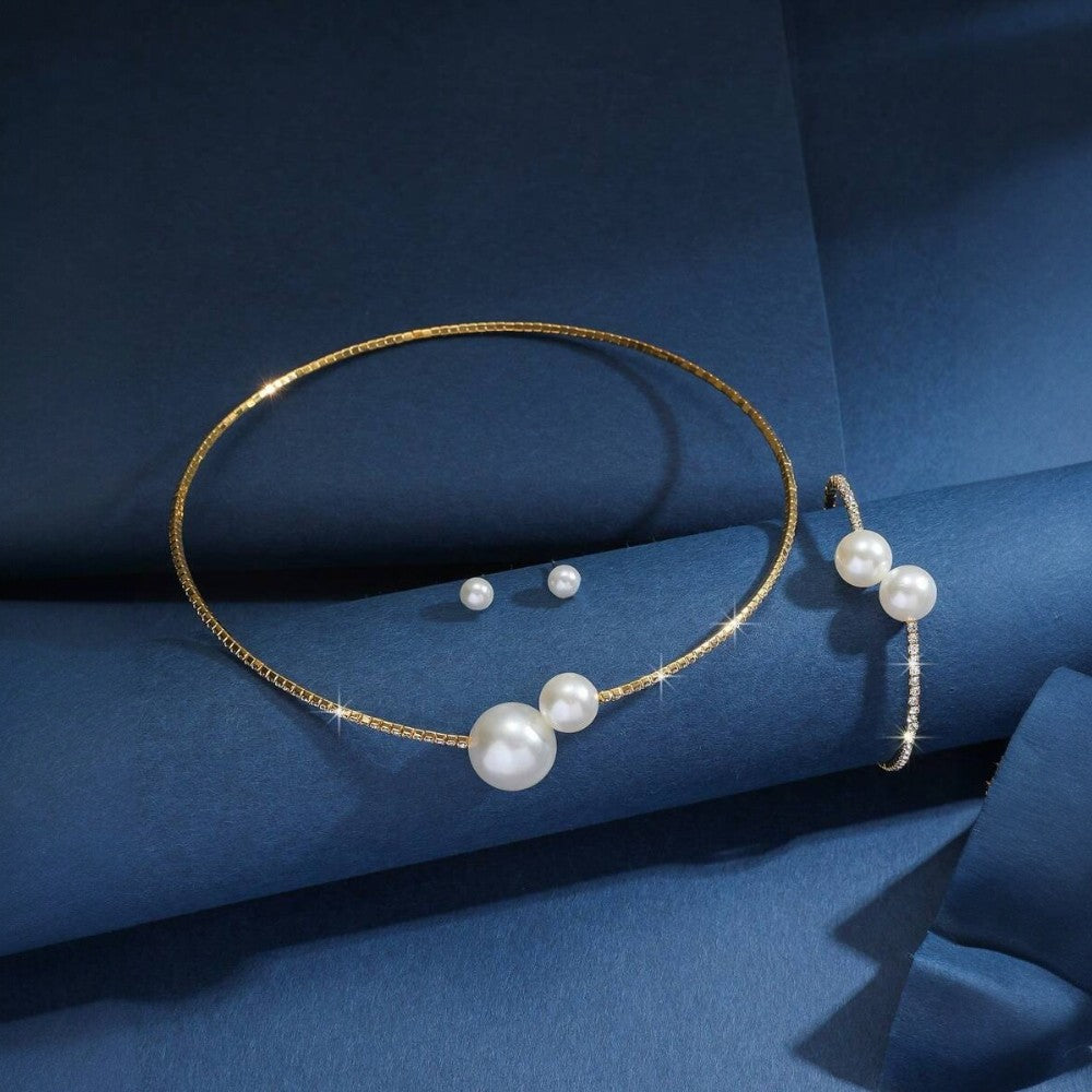 Set colier choker, bratara si cercei, auriu, cu perle si pietre, David C15