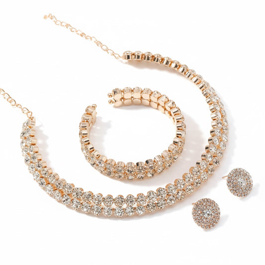 Set colier choker, bratara si cercei, auriu, cu pietre, Davia C23