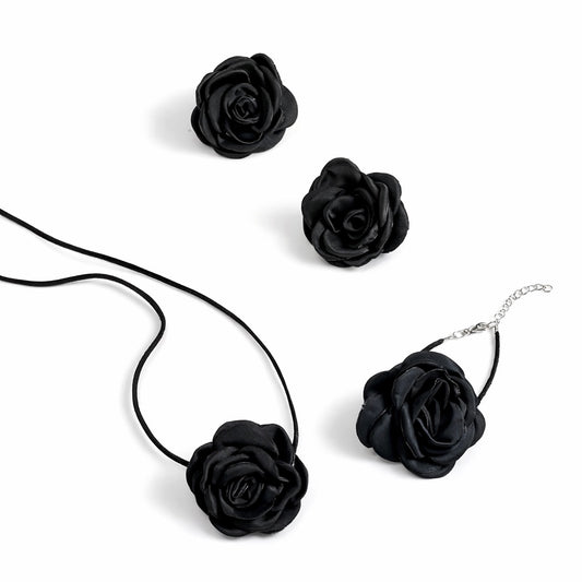 Set colier choker, bratara si cercei, negru, cu flori, Jouko C19