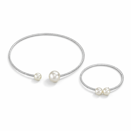 Set colier choker si bratara, argintiu, cu perle si pietre, Nicholas C23