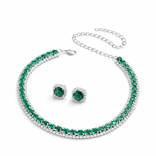 Set colier choker si cercei, argintiu, cu pietre verzi din zirconiu, Nicklas C1