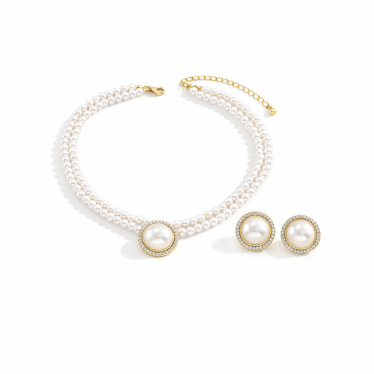 Set colier choker si cercei, auriu, cu perle si pietre, Charles C24