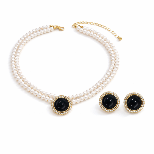 Set colier choker si cercei, auriu, cu perle si pietre, Orville C5
