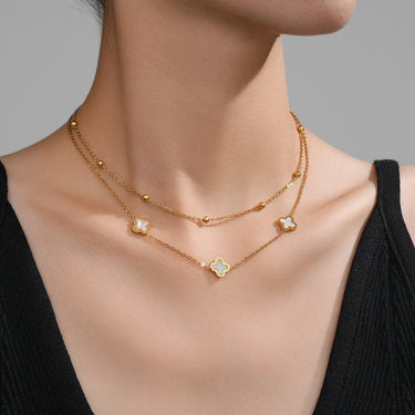 Set colier si bratara auriu, din otel inoxidabil, suflat cu aur 18k, cu trifoi alb, Marivra C2