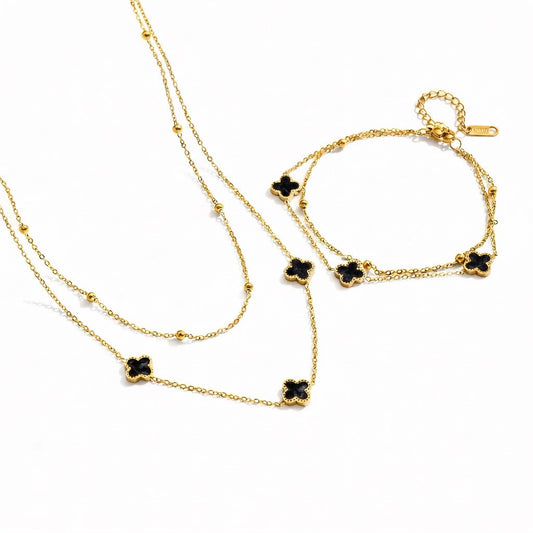 Set colier si bratara auriu, din otel inoxidabil, suflat cu aur 18k, cu trifoi negru, Velisse C2