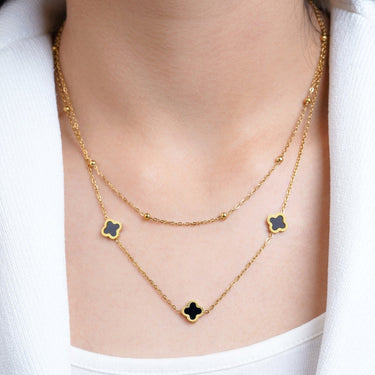 Set colier si bratara auriu, din otel inoxidabil, suflat cu aur 18k, cu trifoi negru, Velisse C2