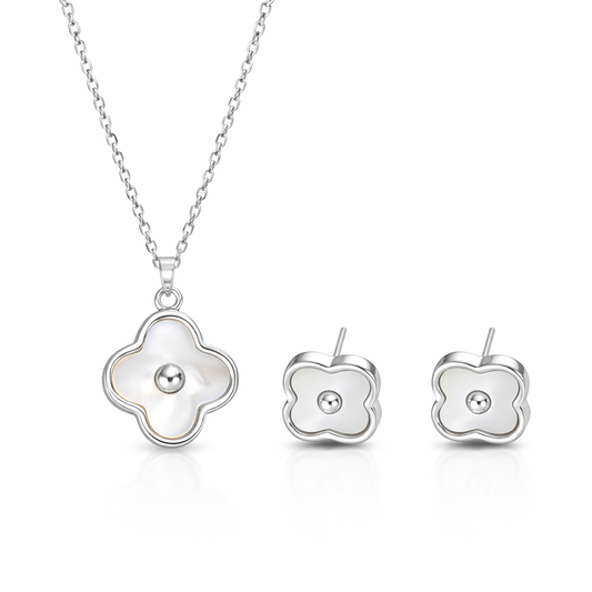 Set colier si cercei argintiu, din otel inoxidabil, suflat cu aur 18k, cu trifoi, Loryna C1
