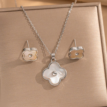 Set colier si cercei argintiu, din otel inoxidabil, suflat cu aur 18k, cu trifoi, Loryna C1