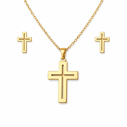 Set colier si cercei, auriu, din otel inoxidabil, suflat cu aur 18k, cu cruciulite, Helma C3
