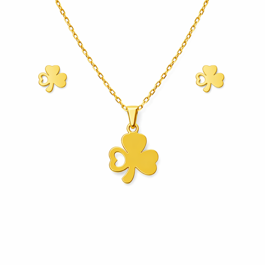 Set colier si cercei, auriu, din otel inoxidabil, suflat cu aur 18k, cu trifoi, Hella C3