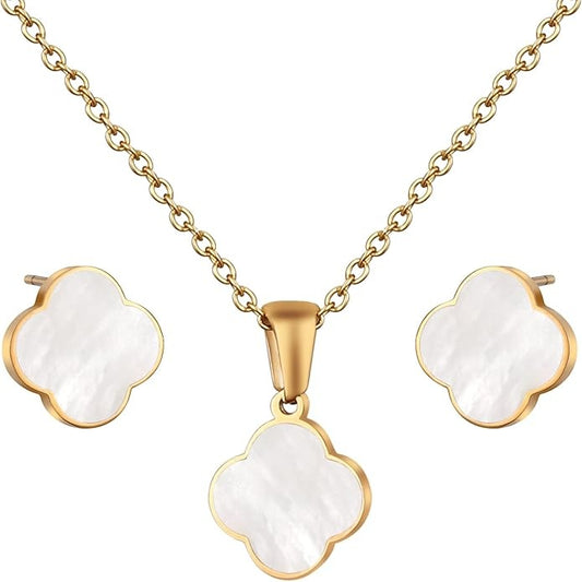 Set colier si cercei auriu, din otel inoxidabil, suflat cu aur 18k, cu trifoi, Olymira C1