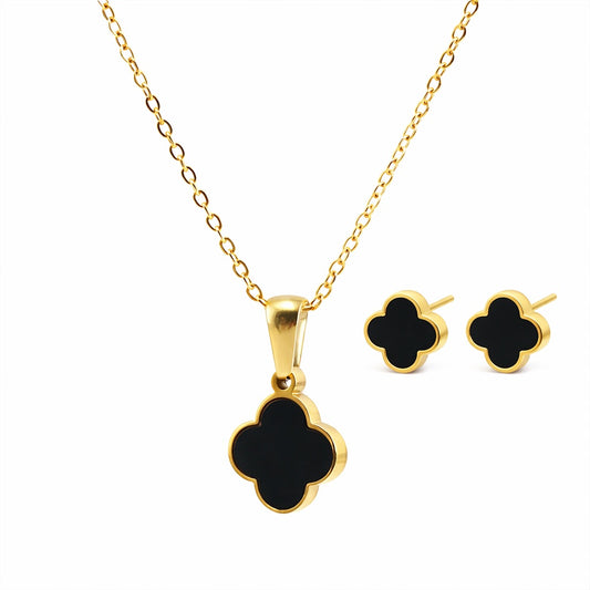 Set colier si cercei auriu, din otel inoxidabil, suflat cu aur 18k, cu trifoi, Velina C2