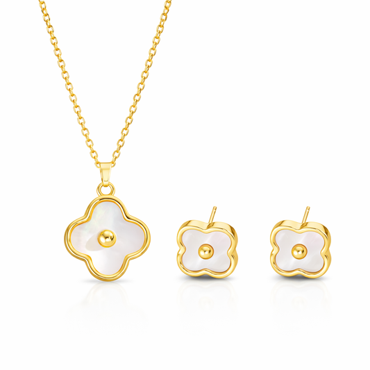 Set colier si cercei auriu, din otel inoxidabil, suflat cu aur 18k, cu trifoi, Veloura C1