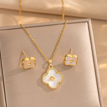 Set colier si cercei auriu, din otel inoxidabil, suflat cu aur 18k, cu trifoi, Veloura C1