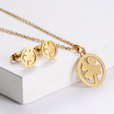 Set colier si cercei, auriu, din otel inoxidabil, suflat cu aur 18k, forma de trifoi, Helena C3
