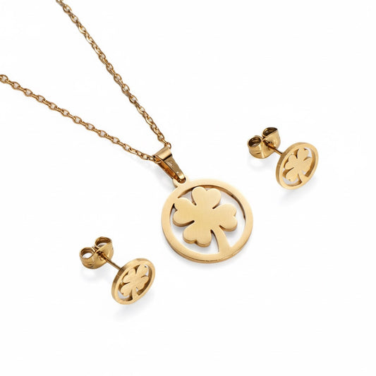 Set colier si cercei, auriu, din otel inoxidabil, suflat cu aur 18k, forma de trifoi, Helena C3