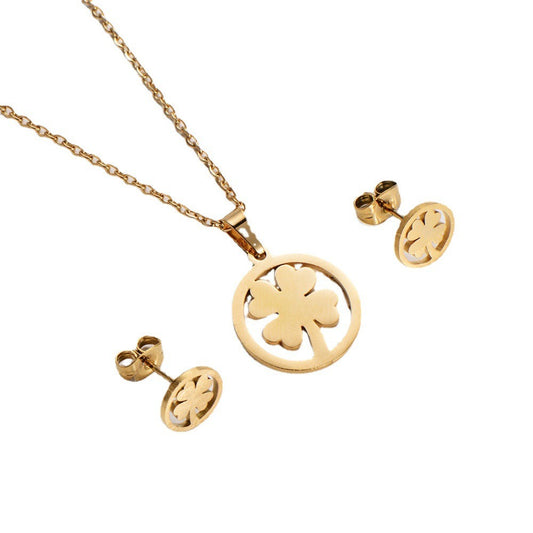 Set colier si cercei, auriu, din otel inoxidabil, suflat cu aur 18k, forma de trifoi, Helena C3