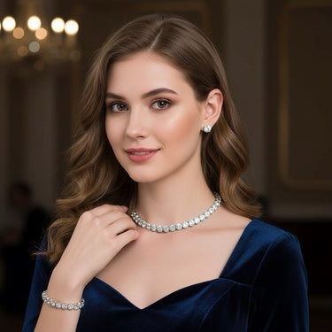 Set colier tennis, bratara si cercei, argintiu, cu pietre, Nicia C8