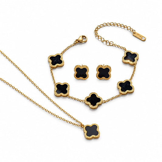 Set bijuterii auriu din oțel inoxidabil placat cu aur 18K PVD, cu trifoi negru, colier, cercei și brățară, Ilyas C4
