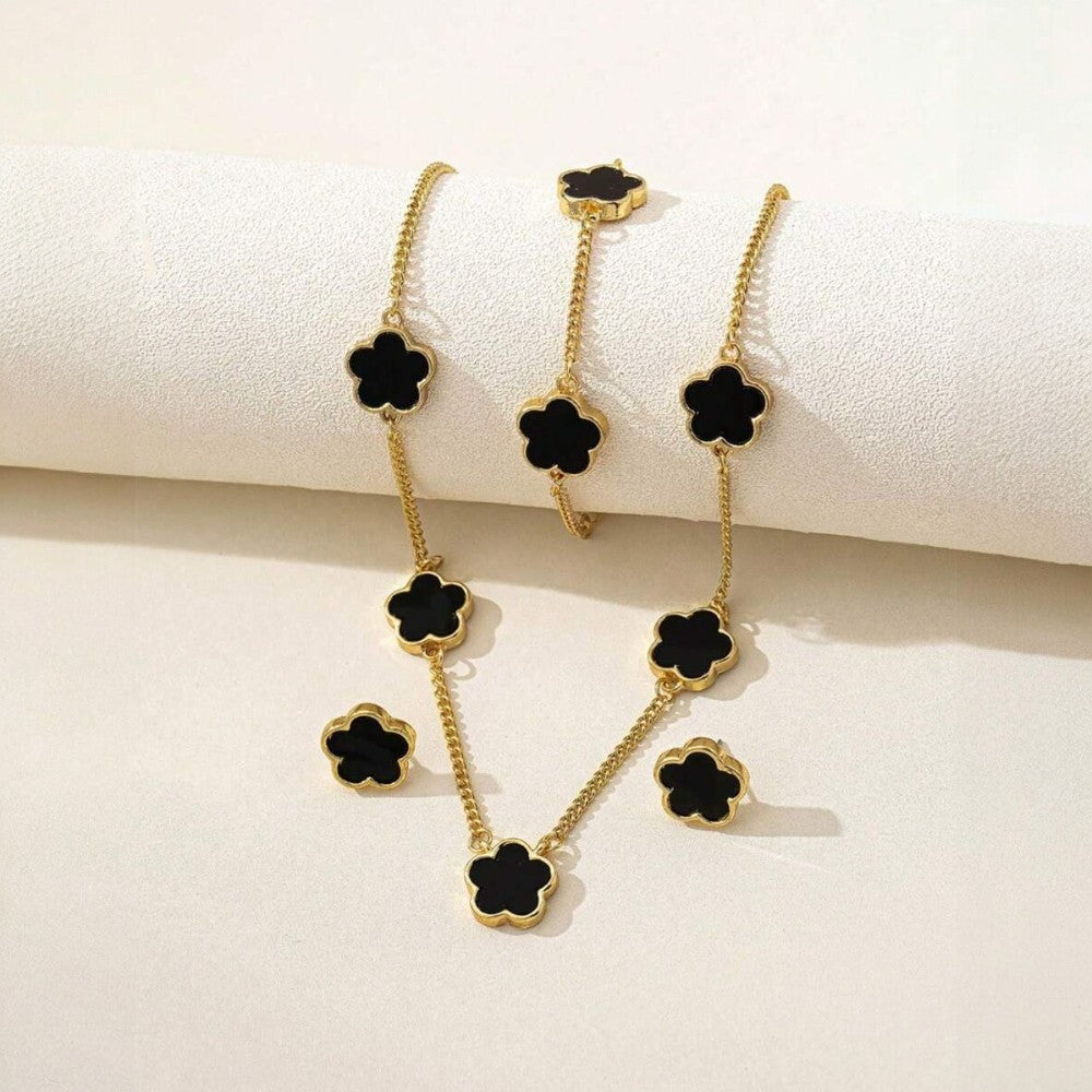 Set colier, cercei si bratara, auriu, cu pandantive flori negre, Nickie C15