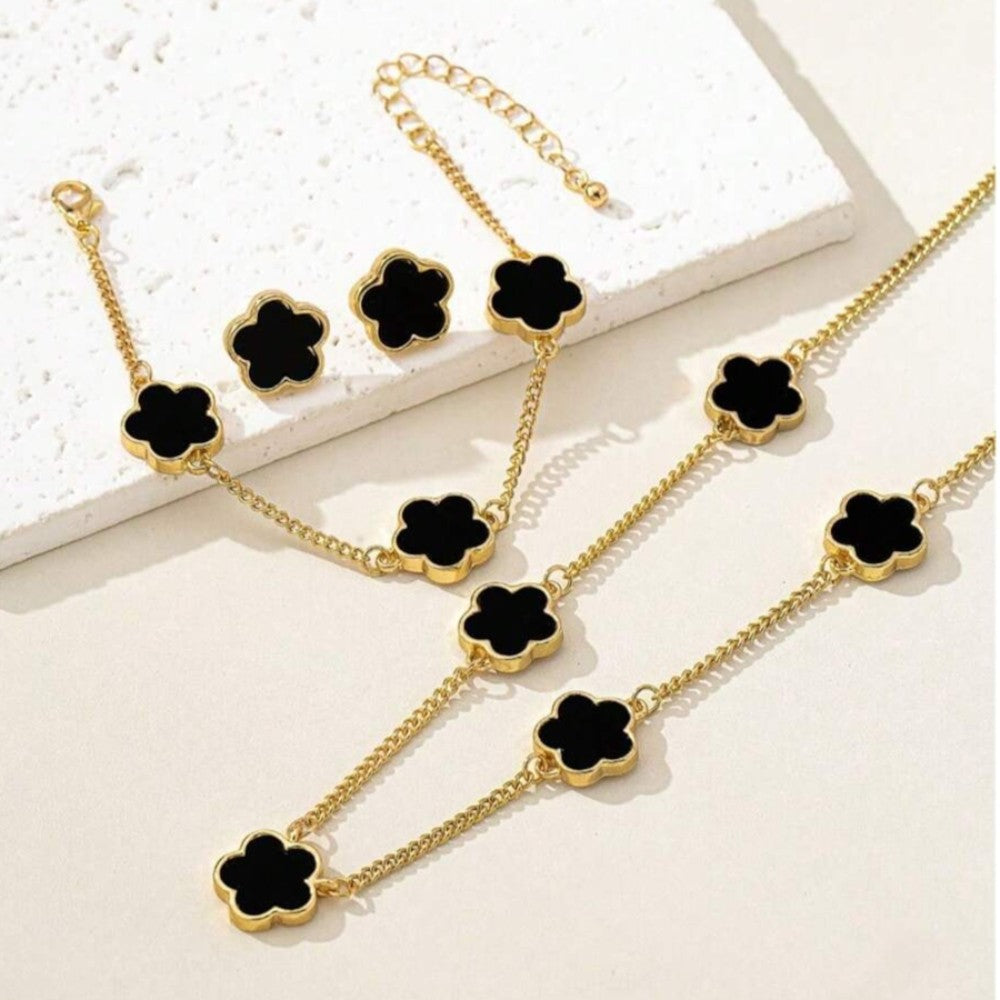 Set colier, cercei si bratara, auriu, cu pandantive flori negre, Nickie C15