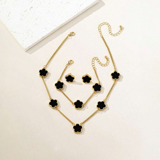 Set colier, cercei si bratara, auriu, cu pandantive flori negre, Nickie C15