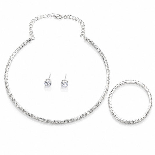 Set colier choker, bratara si cercei, argintiu, cu cristale, Adame C18