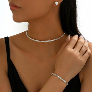 Set colier choker, bratara si cercei, argintiu, cu cristale, Adame C18