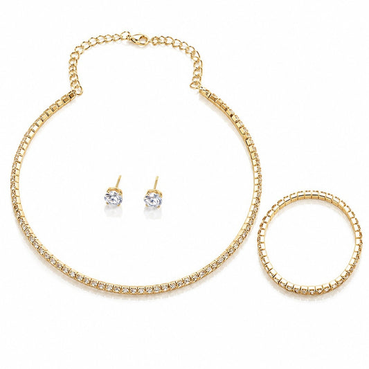 Set colier choker, bratara si cercei, auriu, cu cristale, Adea C2
