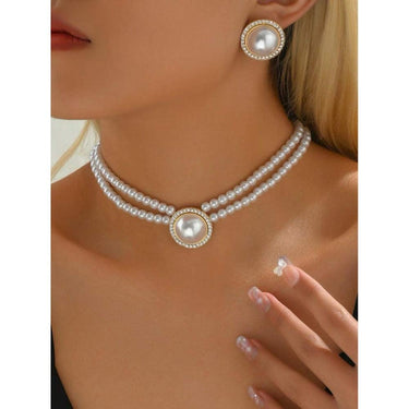 Set colier choker si cercei, auriu, cu perle si pietre, Charles C5 - Pursehuit.ro
