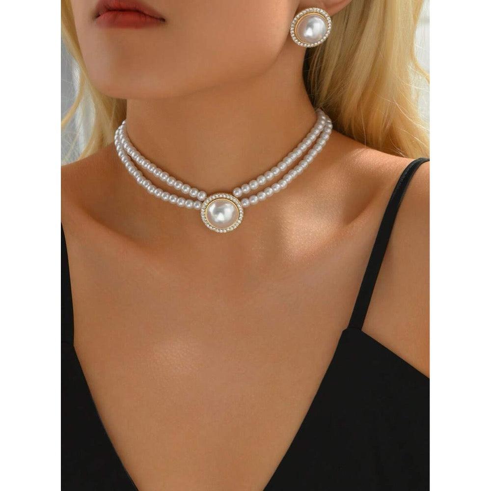 Set colier choker si cercei, auriu, cu perle si pietre, Charles C5 - Pursehuit.ro