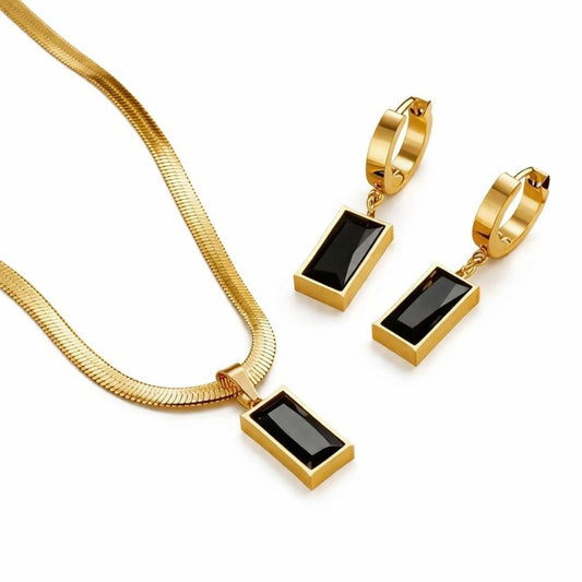Set colier si cercei, auriu, cu pietre negre, din otel inoxidabil, suflat cu aur 18k, Velyra C3